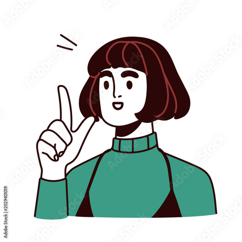 Young woman pointing finger up, showing important point, idea. Female speakin...
