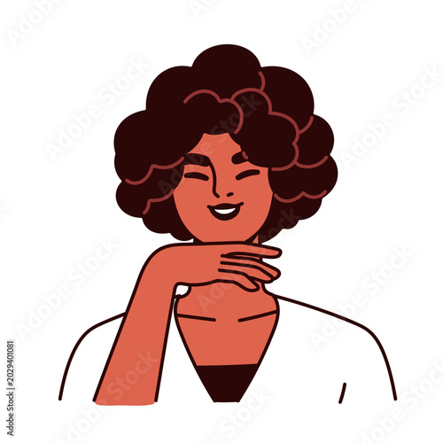 Happy smiling black woman, hand near chin, elegant seductive gesture. African...