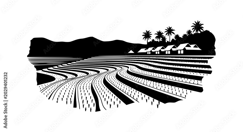 Fototapeta premium Black and White Silhouette of Terraced Rice Fields and Village Landscape