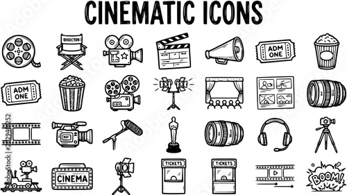 Hand-Drawn Black and White Line Art Cinematic Icons Collection for Film, Movie, and Entertainment Industry Production Elements
