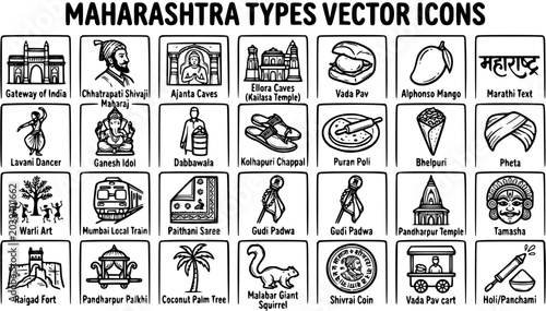 Maharashtra Vector Icons Set: Black  White Line Art Symbols of Indian Culture, Food, Travel, Heritage  Landmarks