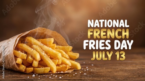 National french fries day celebration steaming hot fries in a brown paper bag on a wooden table