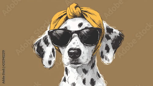 Cute stylish dalmatian dog portrait wearing black sunglasses and a yellow patterned headscarf tied under the chin vector background