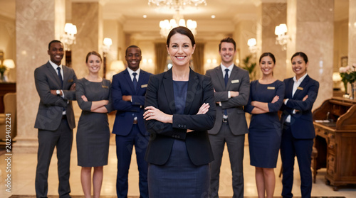 Diverse luxury hotel team standing in elegant hotel lobby with confident female manager in front, receptionists, concierge and guest service staff premium hospitality environment professional portrait