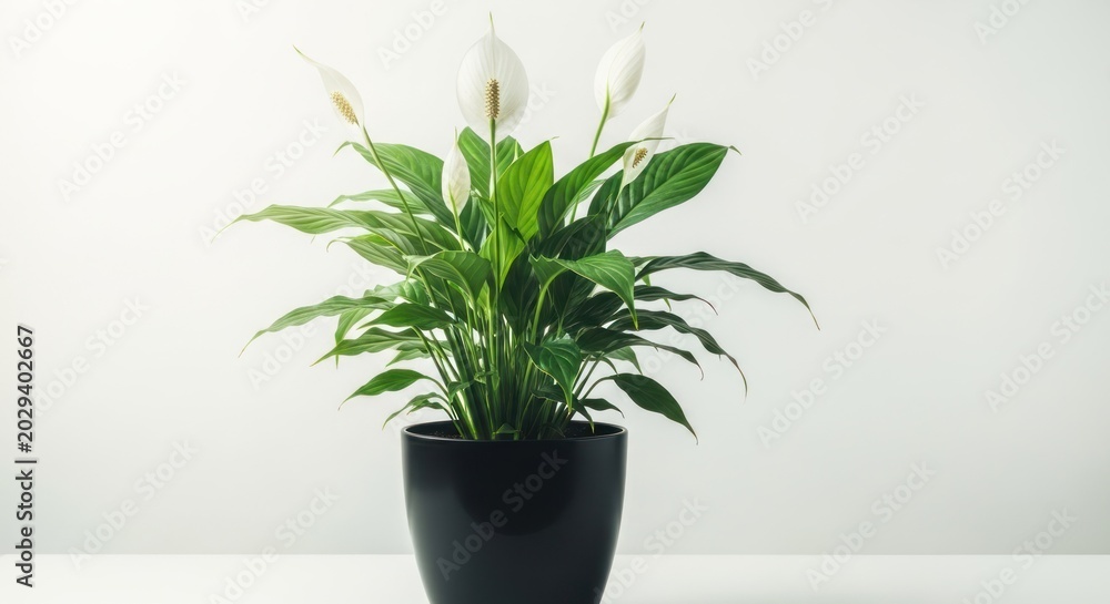 Fototapeta premium A Lush Green Peace Lily Plant in a Black Pot.