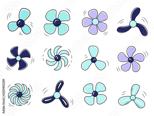 Set of cute fan propellers and spinning blades in doodle style for summer cooling and ventilation themes