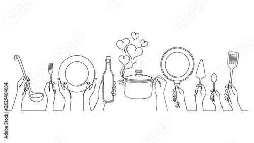 Continuous line drawing of kitchen utensils and dishes.