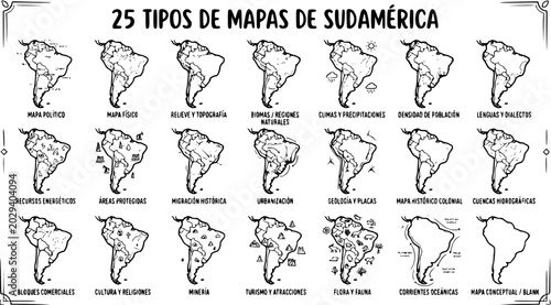 Bild auf Leinwand South America Map Types Line Art - Educational Geography Concepts for Presentati
