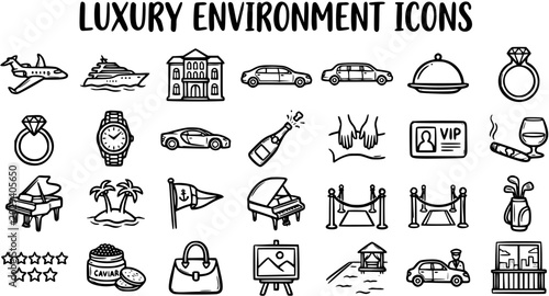 Foto Hand-Drawn Black  White Line Art Luxury Environment Icons Set for Wealth and High-End Lifestyle