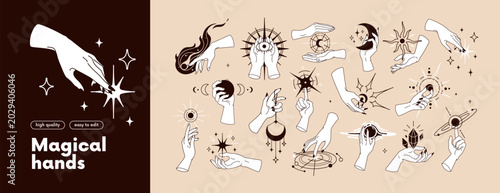 Magic occult symbols in witch hands set. Esoteric mysterious concept. Holding...
