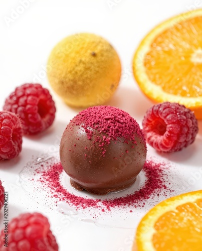 Chocolate truffle with raspberry powder garnish surrounded by fresh raspberries and orange slices. Use: food blog, menu, advertisement.