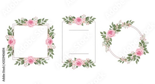 Floral frame designs pink roses green leaves isolated on white background for wedding or greeting card