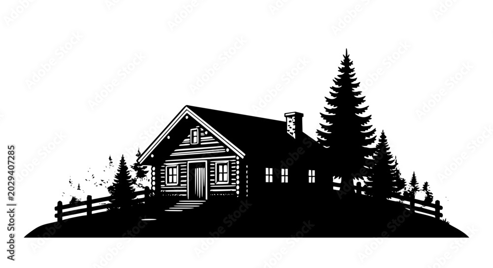 Naklejka premium Log cabin silhouette illustration in the woods with pine trees
