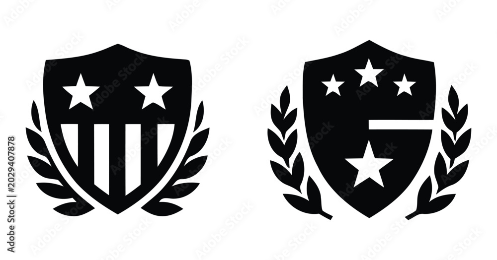 Fototapeta premium black shield icons with stars and laurel wreaths on white background