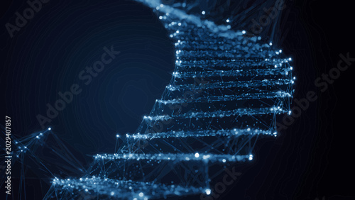 Dynamic digital DNA double helix in glowing blue, illustrating genetic research, advanced biotechnology, and the intricate molecular science of life's code