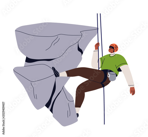 Rock climber scaling cliff with rope and harness. Climbing up mount. Mountain...