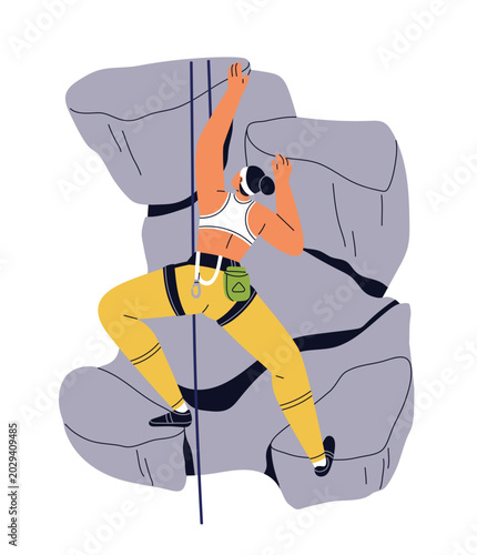 Female climber scaling natural rock, cliff with rope, harness. Woman climbing...