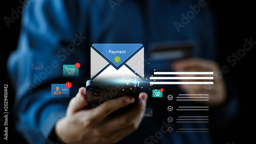 Bild auf Leinwand E-commerce manager using smartphone for secure payment email notification and online transaction alerts with digital banking, mobile commerce, cybersecurity, and cashless shopping technology