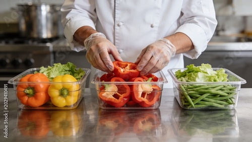 A chef prepares vegetables in a kitchen with peppers and beans.