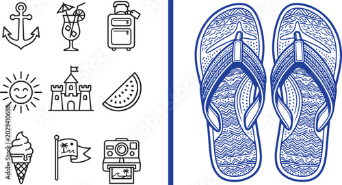 Bild auf Leinwand Summer beach vacation icon set and patterned flip flops vector illustration with
