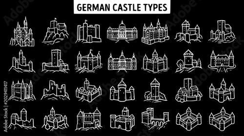 Black and White Line Art Illustrations of German Castle Types on a Dark Background