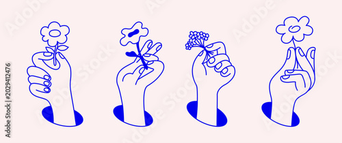 Foto Vector hand drawn gesture, doodle sketchy illustration, sign, hand holding flowe