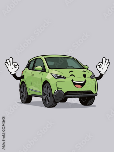Cute anthropomorphic green compact electric car cartoon