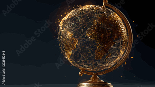 Globe constructed from intricate golden light filaments illuminates the darkness to symbolize global connectivity and modern digital communication networks.