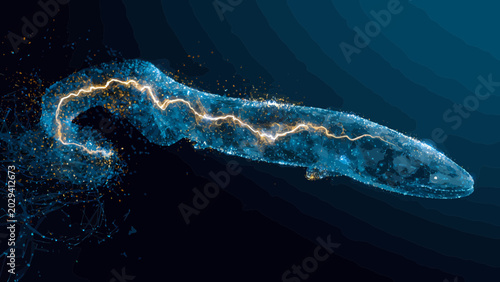 Salamander composed of shimmering blue light particles glides through a dark void as a metaphor for elusive nature and biological adaptation.
