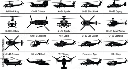 Quadro em tela Military helicopter silhouettes collection attack transport and utility rotorcra