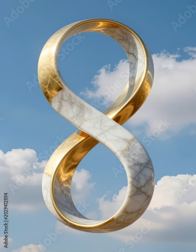 A 3D infinity symbol made of polished white marble and gold against a blue sky with clouds. Use: business, marketing.