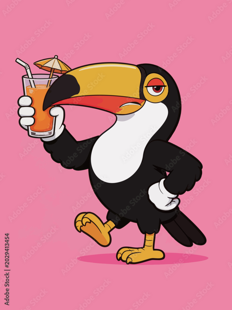 Obraz premium Cartoon Toucan Holding Tropical Cocktail Drink