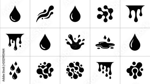 Collection of black ink drops and splashes icons.