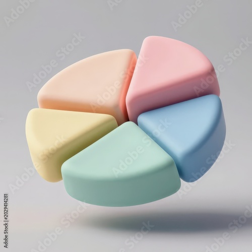 A 3D render of a colorful segmented circular pie chart on a soft grey background. Use: business presentation, financial report, website infographic.