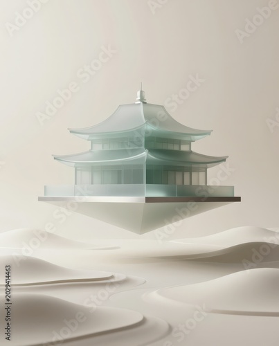 Minimalist frosted glass pagoda floating above abstract white sand dunes. Use: zen meditation app, architectural magazine, art print.