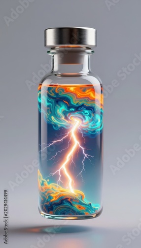A sealed glass vial containing a swirling colorful fluid with a glowing lightning bolt inside. Use: science journal, concept art, advertising.