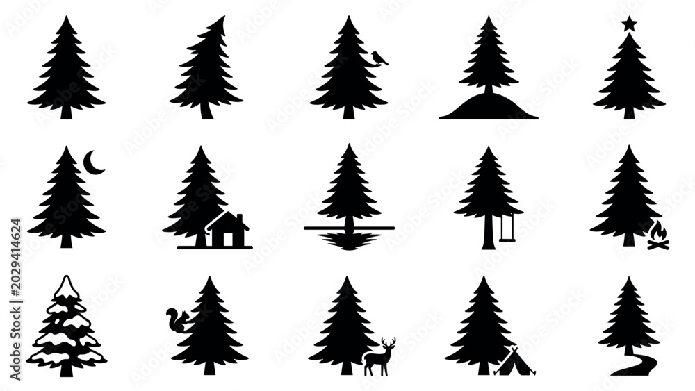 Obraz premium Collection of various stylized black pine tree silhouettes with different natural elements and outdoor activity symbols