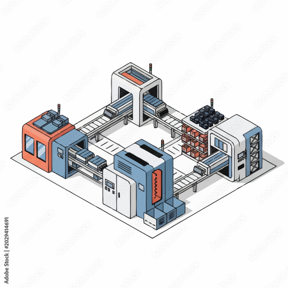 Naklejka premium Automated Manufacturing Production Line with Conveyor Belts and Machines.