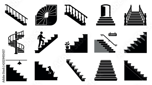 Various black silhouette stair icons with different designs and perspectives, including straight, spiral, and corner stairs, presented in a clean, graphic style