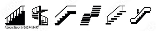 Various black silhouette stair icons including straight, spiral, and escalator designs in a clean, graphic style