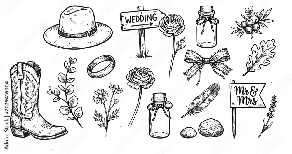 Obraz premium Hand-drawn rustic wedding elements including a cowboy hat, boot, flowers, and decorative items in a vintage sketch style