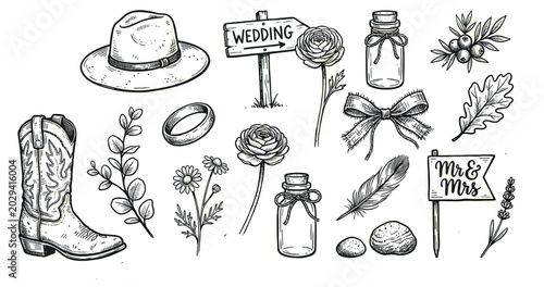 Hand-drawn rustic wedding elements including a cowboy hat, boot, flowers, and decorative items in a vintage sketch style