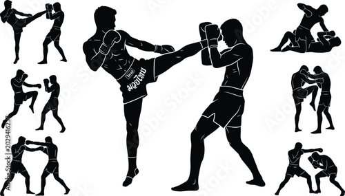 Foto Silhouettes of Muay Thai fighters in dynamic action poses during combat training