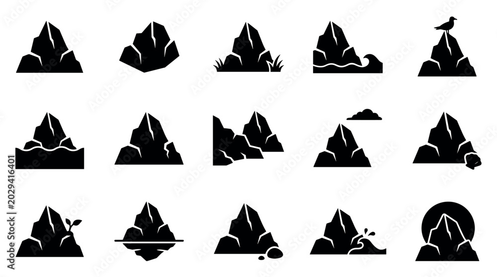 Fototapeta premium Collection of black silhouette mountain and rock icons, featuring various natural elements like water, plants, and a bird, presented in a clean, graphic style