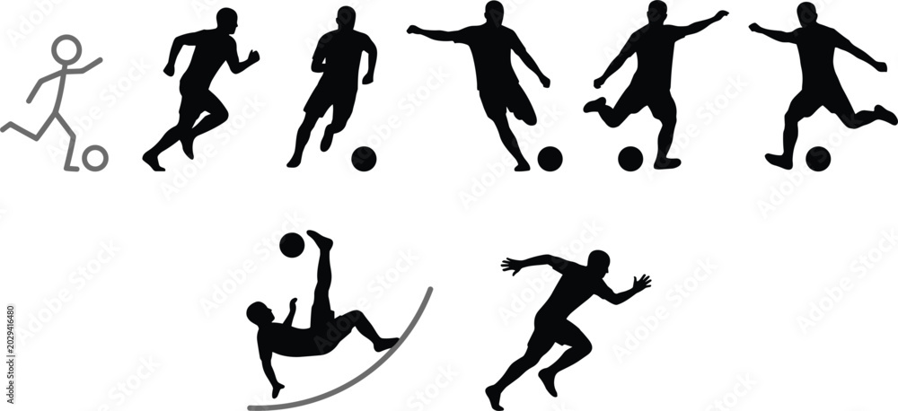 © Mdjillur - Soccer player silhouettes in action on white background with various poses and moves © Mdjillur - Soccer player silhouettes in action on white background with various poses and moves