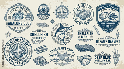 Collection of vintage-style seafood and marine life emblems, badges, and labels, featuring ocean-inspired illustrations for menus, packaging, and branding
