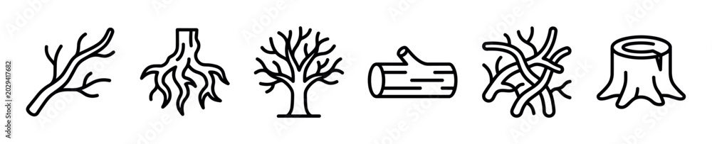 Fototapeta premium Various black outline tree elements including a branch, roots, whole tree, log, tangled branches, and a tree stump, presented as simple vector icons