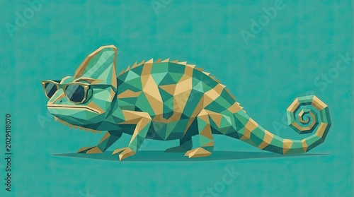 Blue and green low poly geometric chameleon with sunglasses on turquoise background