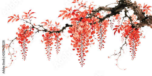 Elegant Red Wisteria Flower Branch in Traditional Japanese Ink Art Style