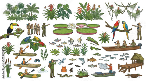 Expansive Amazon Rainforest Adventure Set with Diverse Wildlife, Lush Flora, and Eco-Tourism Activities Elements